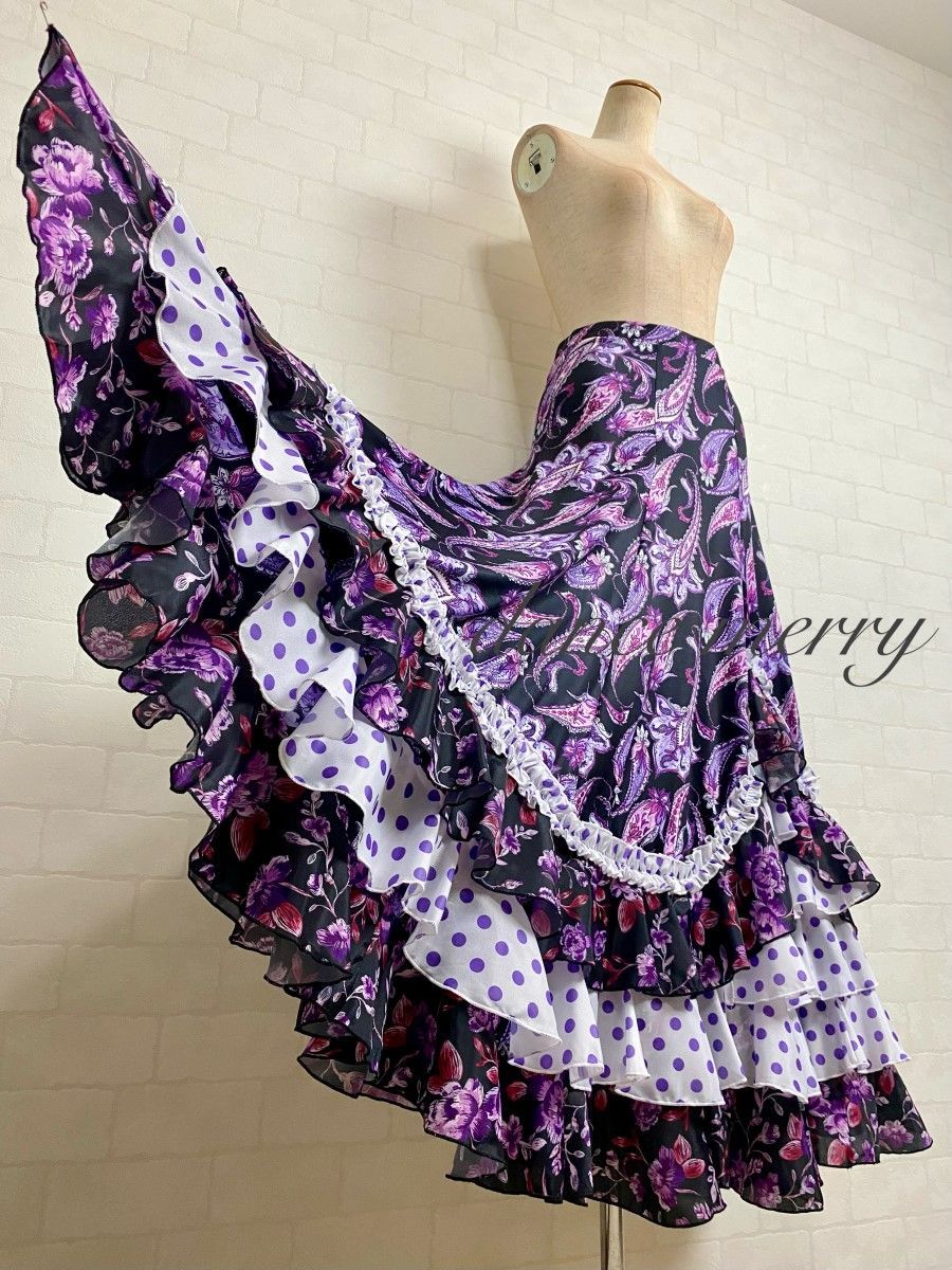 新品 フラメンコ ファルダ スカート 黒 紫 白 社交ダンス タンゴ 2713