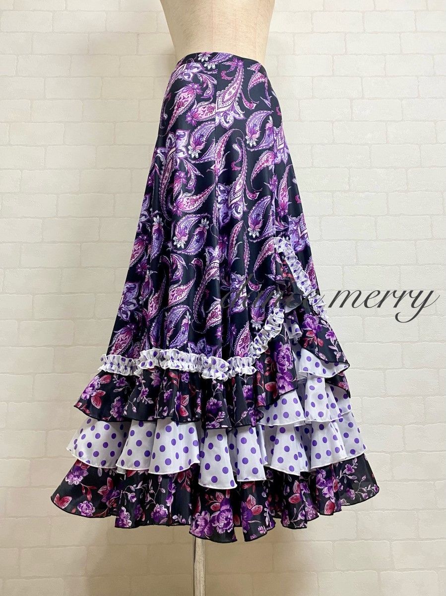 フラメンコ ファルダ スカート 黒 紫 白 社交ダンス タンゴ 2713 ロング