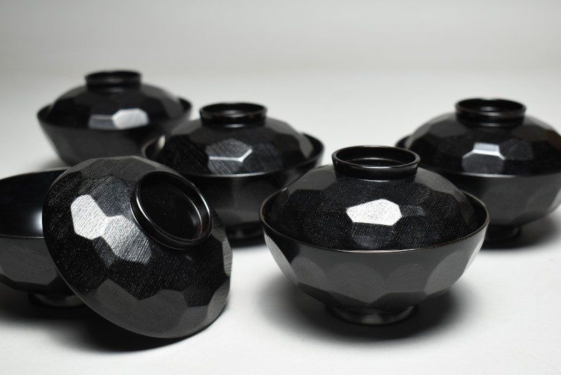 蔵A 4658 a 木製 亀甲吸物椀 汁椀 五客 共箱