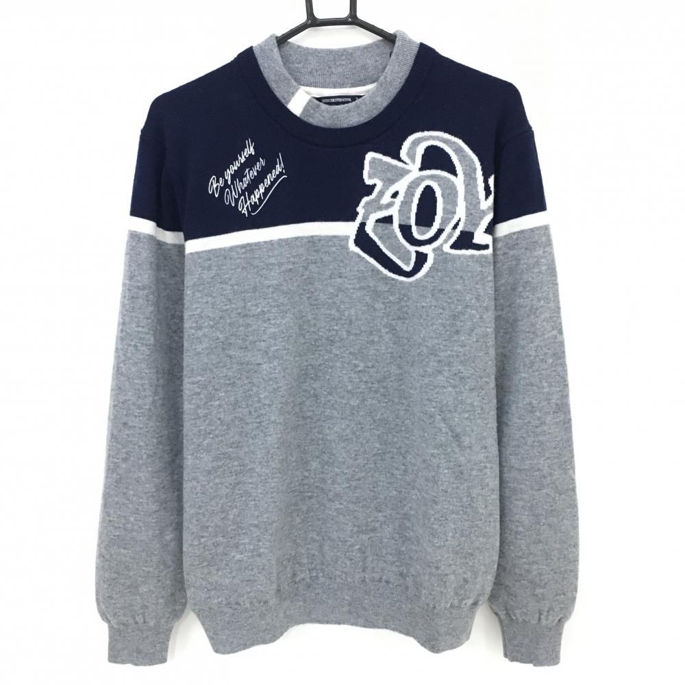 美品】ゾーイ セーター グレー×ネイビー ネック重ね着風 ウール混 裏地