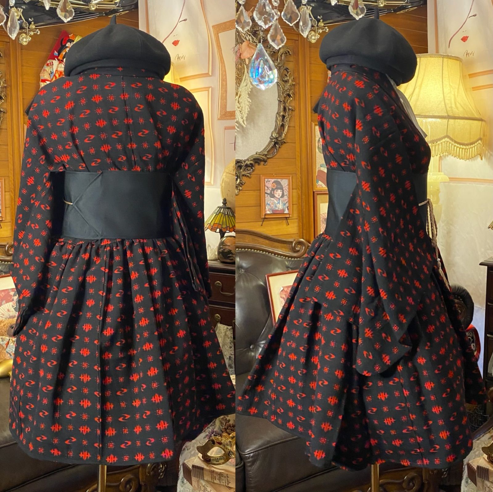  和洋折衷アンサンブル着物リメイクワンピース 帯サッシュベルト付き ハンドメイド レトロ 古着 フリーサイズ 黒×赤 絣 MKW-58 ワンピース チュニック ファッション