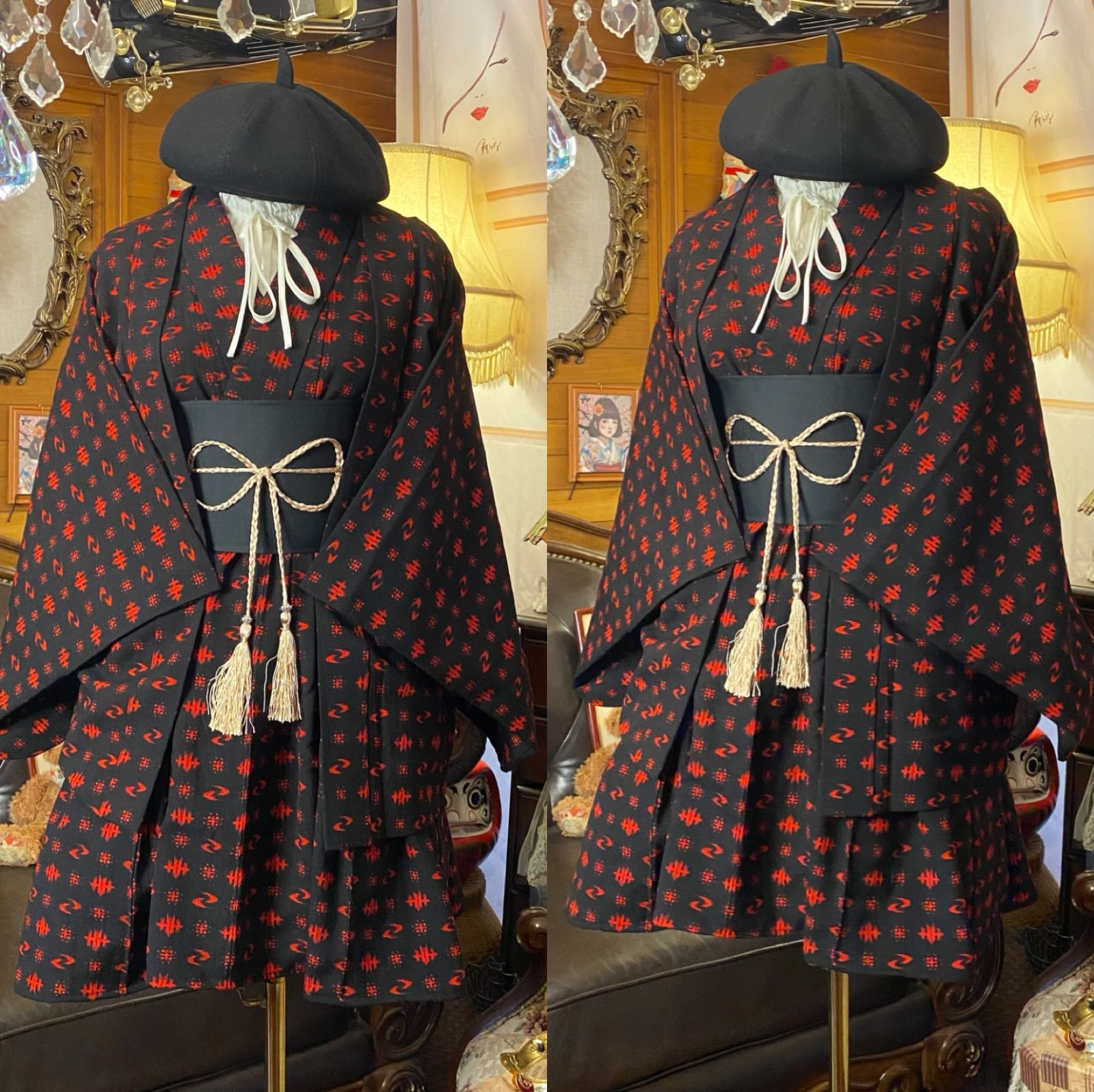 和洋折衷アンサンブル着物リメイクワンピース 帯サッシュベルト付き ハンドメイド レトロ 古着 フリーサイズ 黒×赤 絣 MKW-58