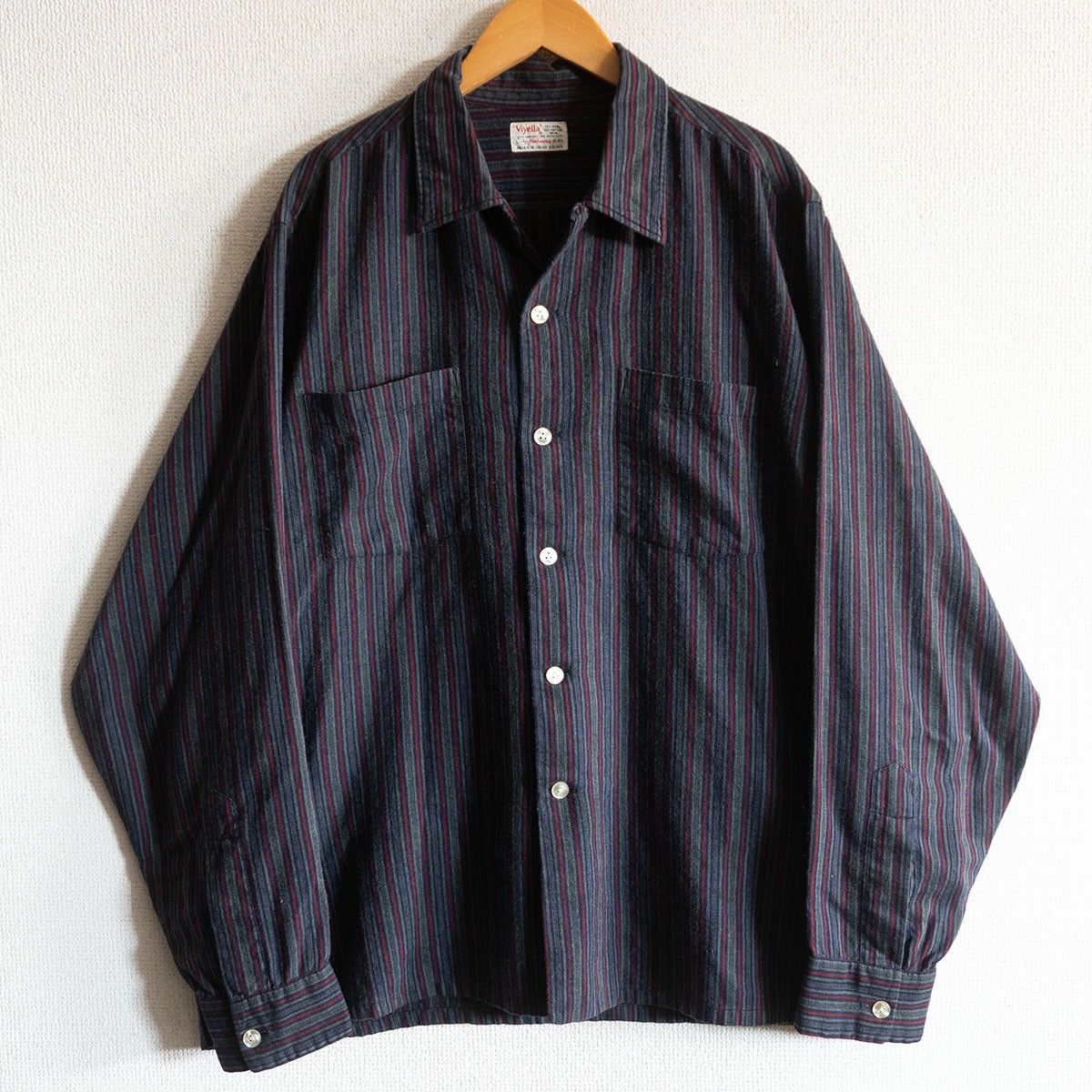 60 s ビッグサイズ Viyella オープン ウール×コットン ストライプシャツ L 16-16 1 2 ヴィンテージ