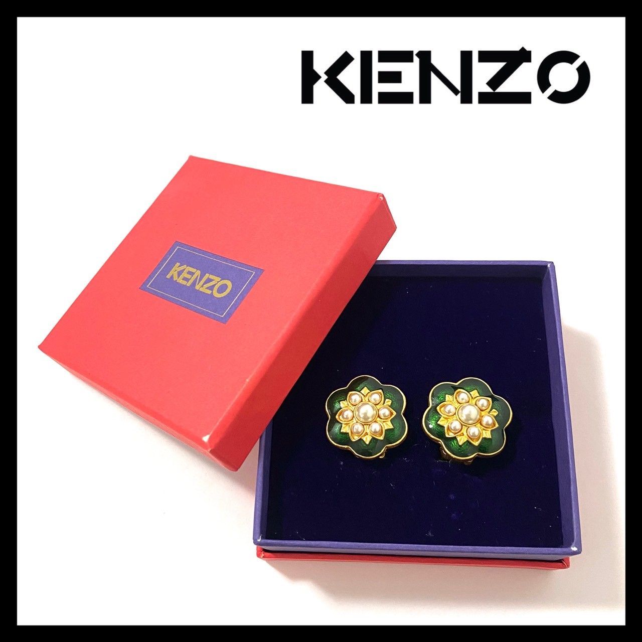 SJ【KENZO】フラワー/花 モチーフ イヤリング フェイクパール グリーン