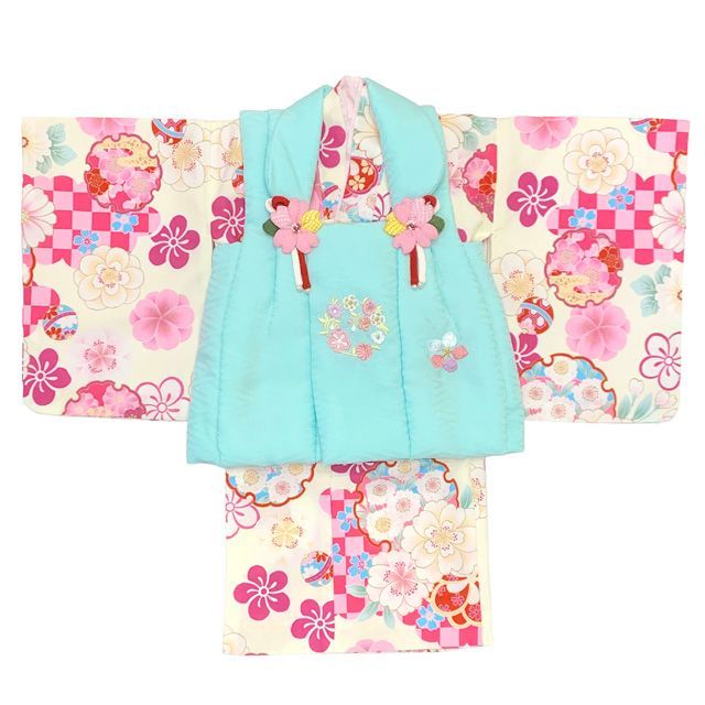 ベビー 初節句 着物 女の子 赤ちゃん用 被布コート 二部式着物 セット 合繊 水色ｘクリーム 雪輪と市松 HFG 212