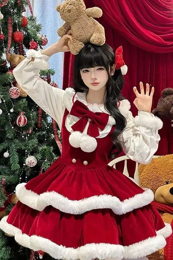 初雪 冬コーデ 新年雰囲気満載 かわいいリボントップス エレガントプリンセススカートセット