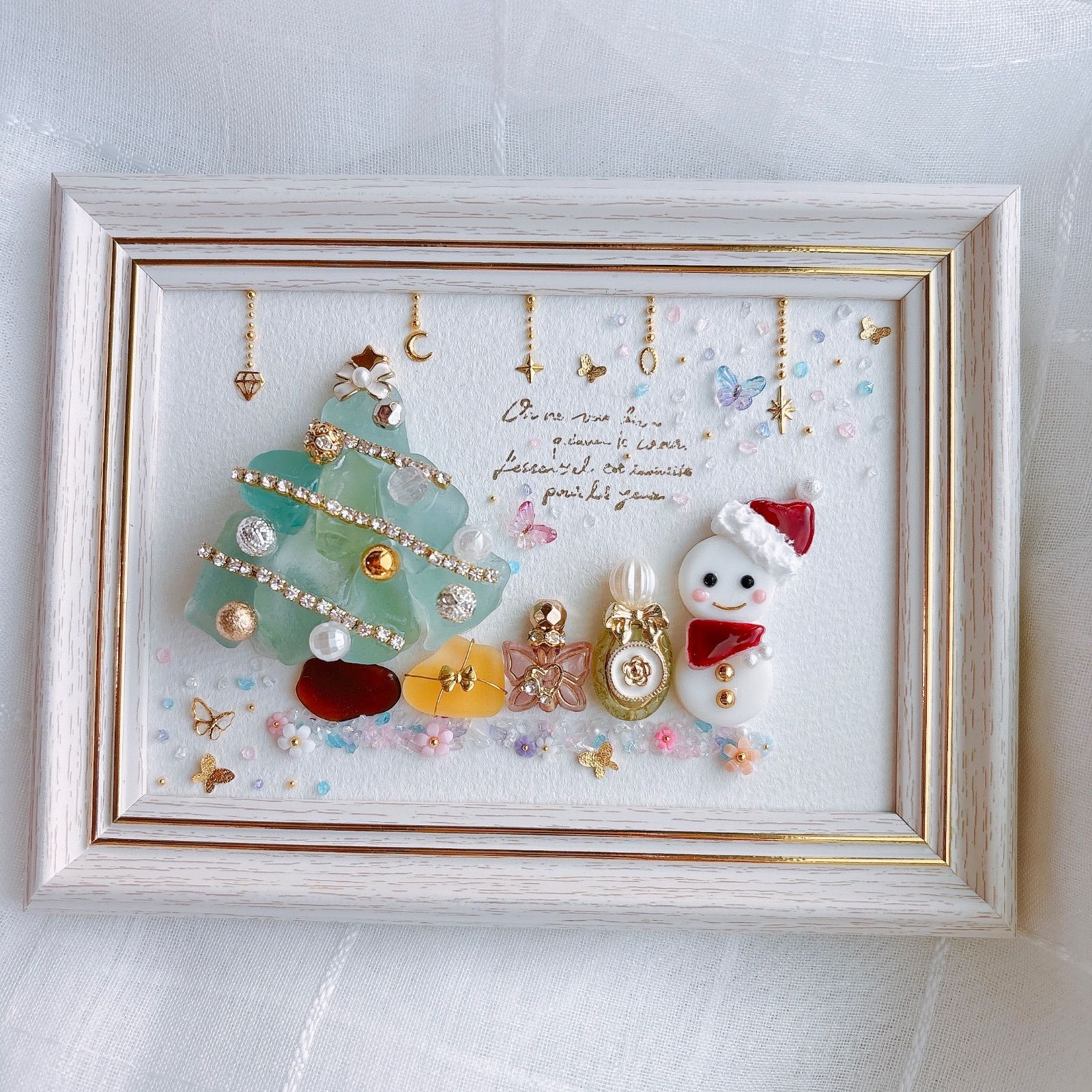 6-116「氷の国のプリンセスと雪だるま」シーグラスアート 姫 雪 冬