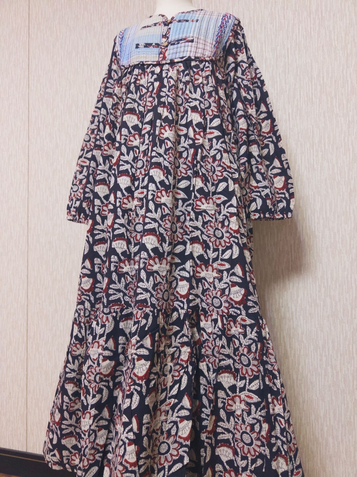 グドゥリー ヨーク ロングワンピース バグルー ブロックプリント ハンドプリント 印判 マキシ丈 マタニティ 花柄 刺子 手刺繍