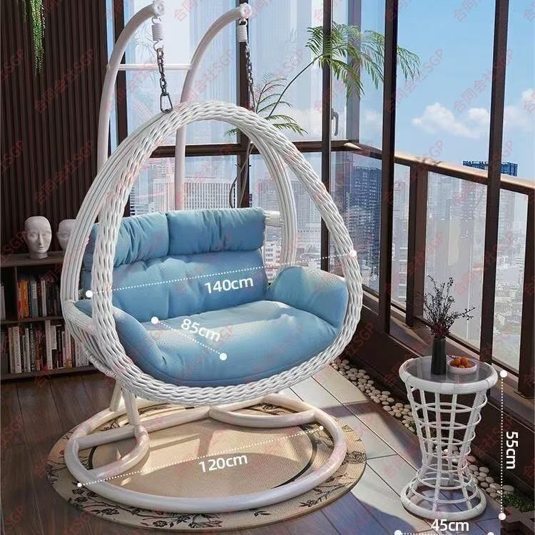 ハンギングチェア ハンモックチェア エッグチェア スウィングチェア ゆりかご 大型 スタンド付き ハンモック 籐製 ラタン 手編み スチールフレーム 自立式 クッション付き スイングチェア バスケット UV耐性 ナチュラル 2人掛け 120 cm