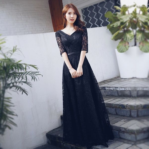 XS ブラック ロングドレス パーティードレス 披露宴 二次会 謝恩会 フォーマル パーティー 使える 20代 30代 40代 50代 花嫁 おしゃれ ワンピース 袖あり 冬 お呼ばれ da 135 s 1