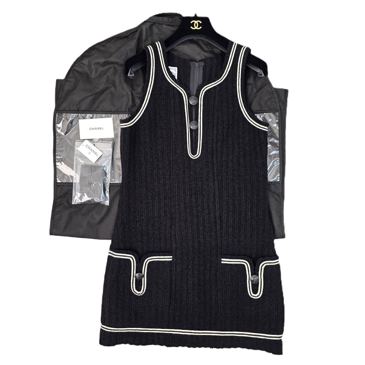 07A 2007年 CHANEL シャネル ヴィンテージ ウール ツイード ライン入り ノースリーブ ワンピース レディース 38 ウール