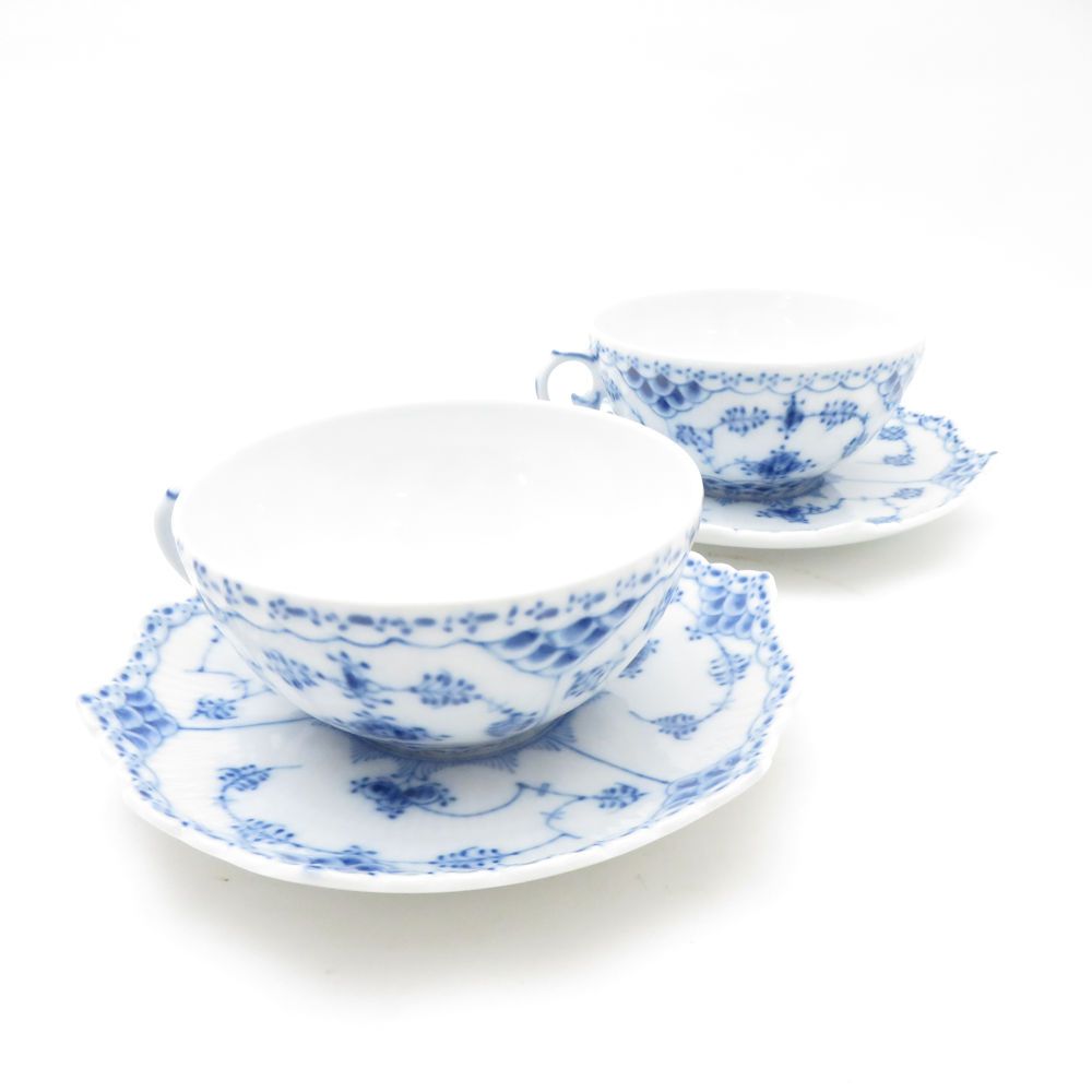 ROYAL ロイヤルコペンハーゲン ブルーフルーテッドフルレース ティーカップ＆ソーサー 2客 ペア デンマーク製