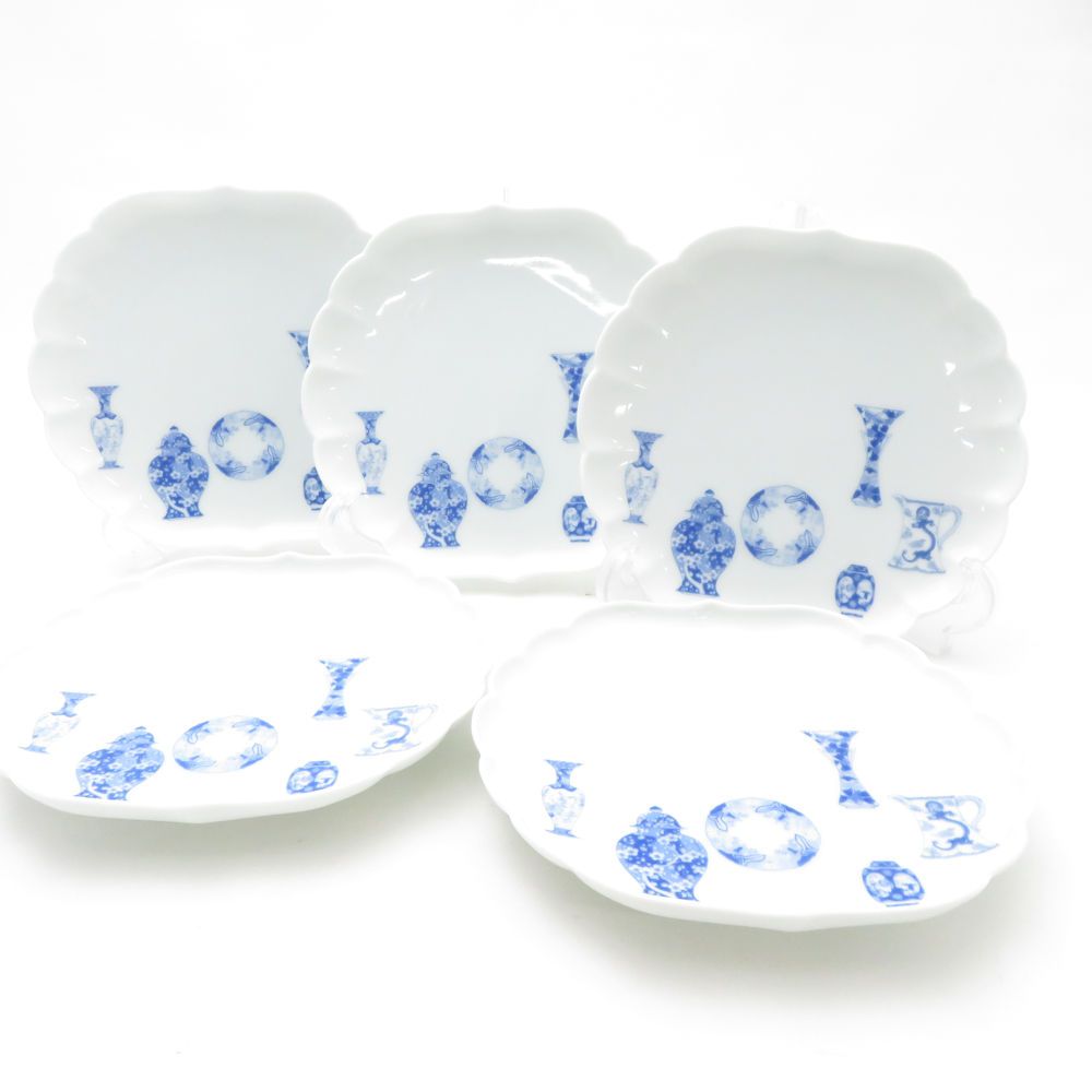 美品 Fukagawa Seiji 深川製磁 ブルーチャイナ サービス皿揃 5枚