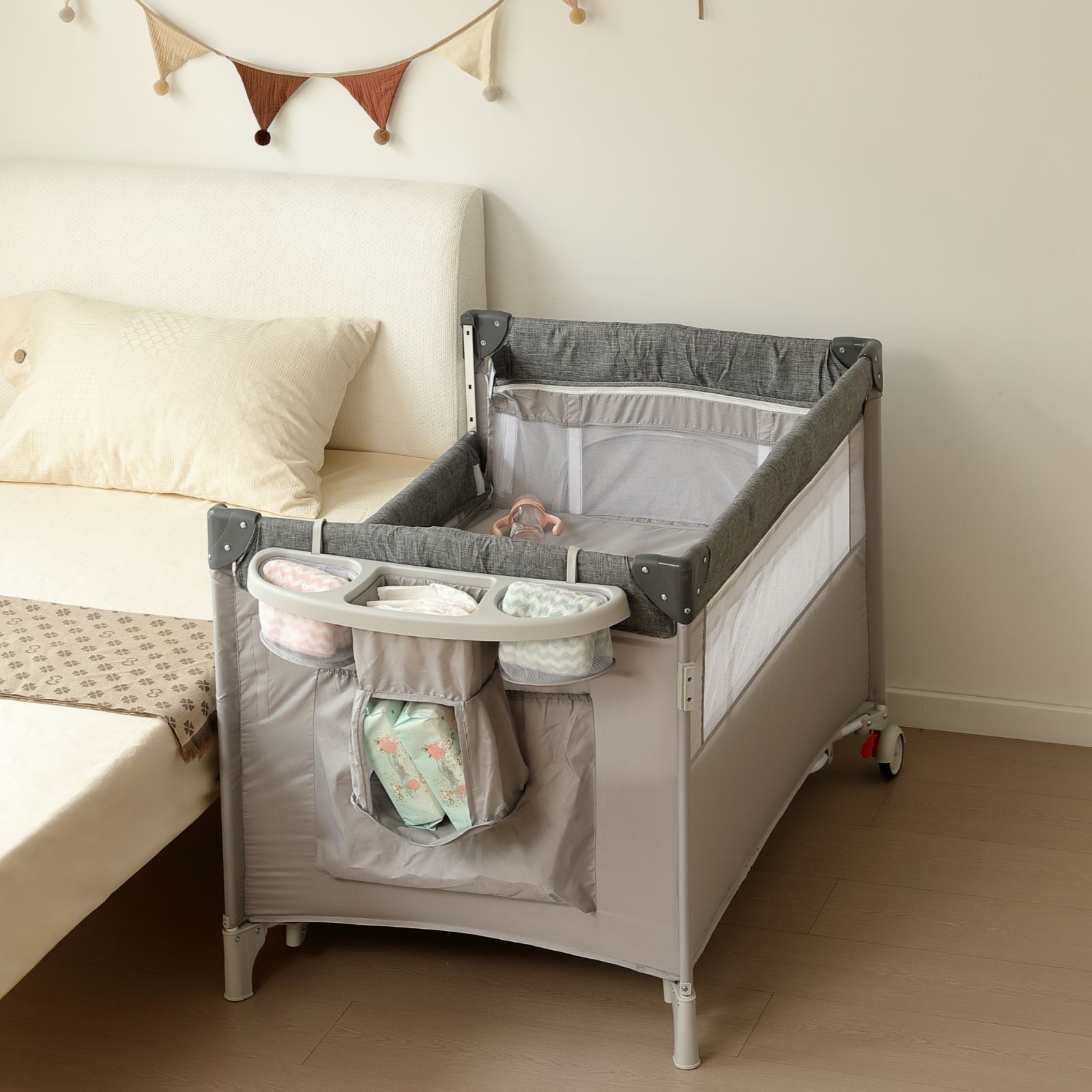 折りたたみ ベビーサークル コンパクト おむつ替えテーブル付 お昼寝 蚊帳付 ゆりかご 大容量収納