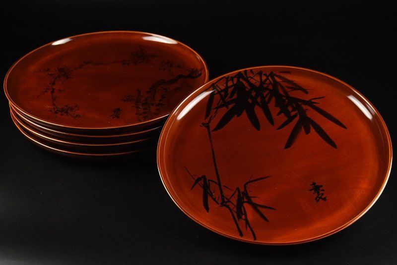 蔵A 4572 飛騨春慶塗 墨絵 丸盆 五客 約36ｃｍ