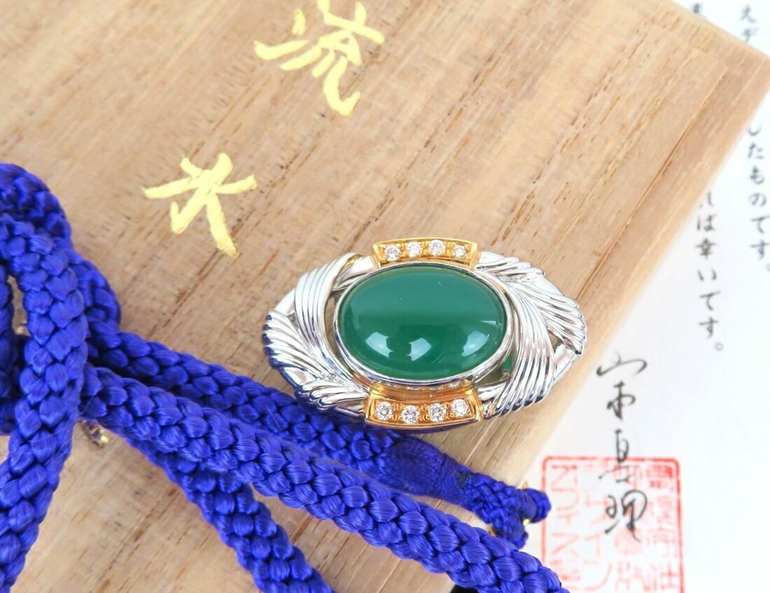山本真理 帯留 0 209 8粒 ダイヤモンド K 18 18金 イエローゴールド Pt 900 プラチナ900 グリーンストーン 流水紋 外 rk 9556