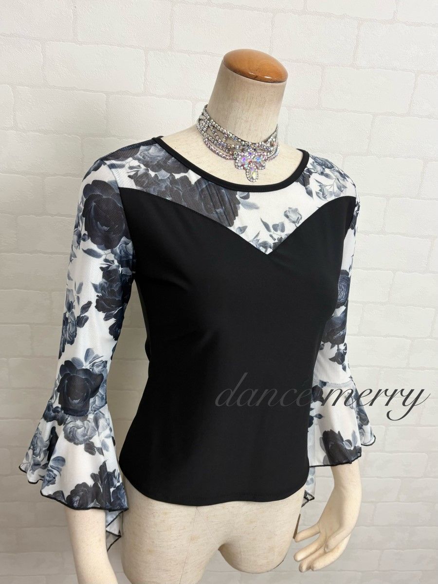 MERRY】新品 社交ダンス トップス 黒 白 グレー ワルツ ラテン パソ