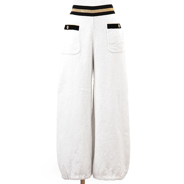 CHANEL シャネル イージーパンツ パウサ テリ―クロス P 60478 2019年製 COCOマーク ロゴ ボタン コットンブレンド マイクロブークレ ワイド メタリックライン レディース 38 アイボリー ブラック ゴールド 黒 金色 伊製