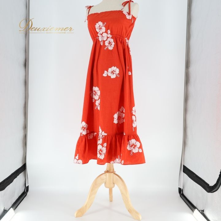 フラダンス 衣装 ワンピース ドレス レッド系 ハイビスカス柄