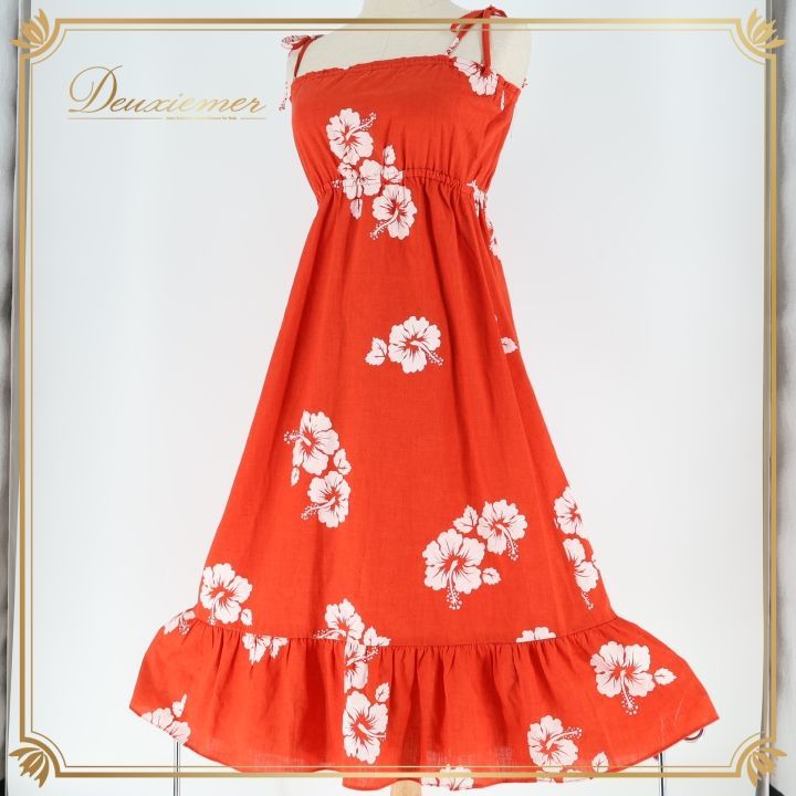 フラダンス 衣装 ワンピース ドレス レッド系 ハイビスカス柄