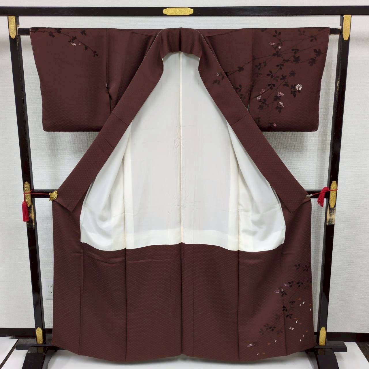 付け下げ 正絹 紋なし しつけ糸 七宝繋ぎ 美しい染めの花 袷 着物 MK