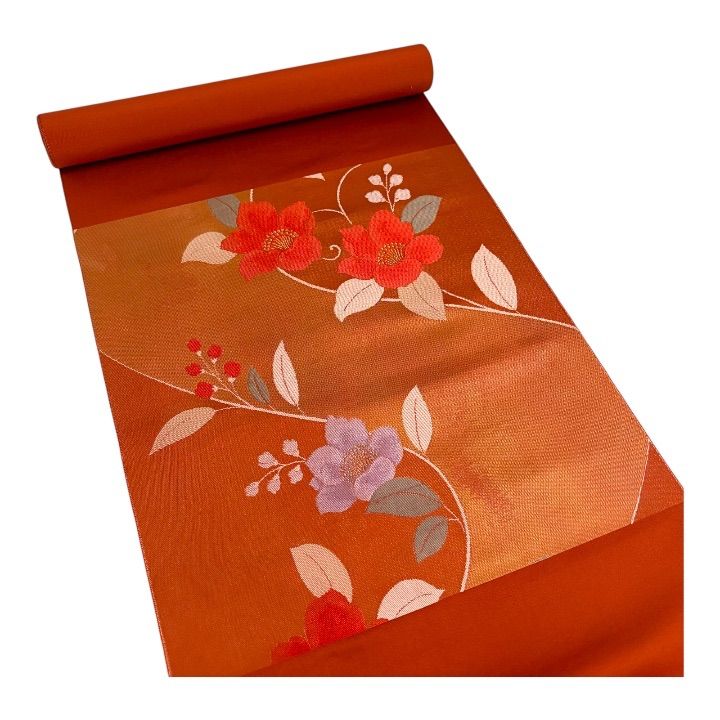 処分価格 アンティーク 正絹 九寸名古屋帯 反物 未仕立て 朱色 花柄