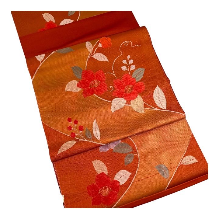 処分価格 アンティーク 正絹 九寸名古屋帯 反物 未仕立て 朱色 花柄