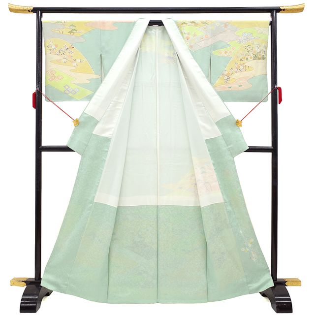 新古品】 訪問着 着物 未使用 正絹 袷 金駒刺繍 金彩加工 ミント