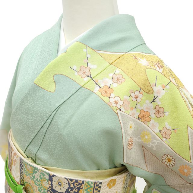 新古品】 訪問着 着物 未使用 正絹 袷 金駒刺繍 金彩加工 ミント