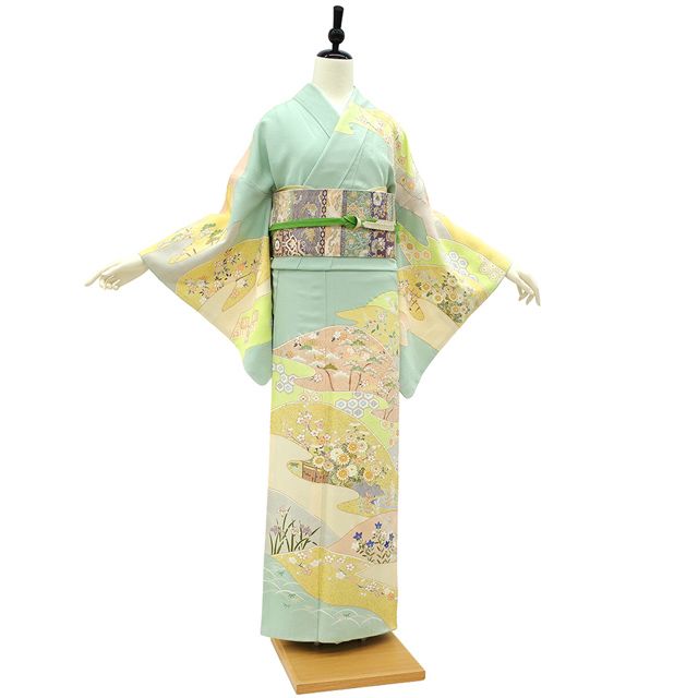 新古品】 訪問着 着物 未使用 正絹 袷 金駒刺繍 金彩加工 ミント