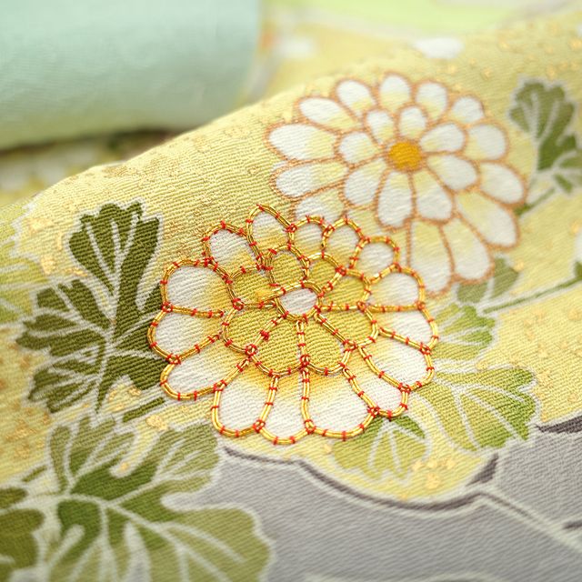 新古品】 訪問着 着物 未使用 正絹 袷 金駒刺繍 金彩加工 ミント