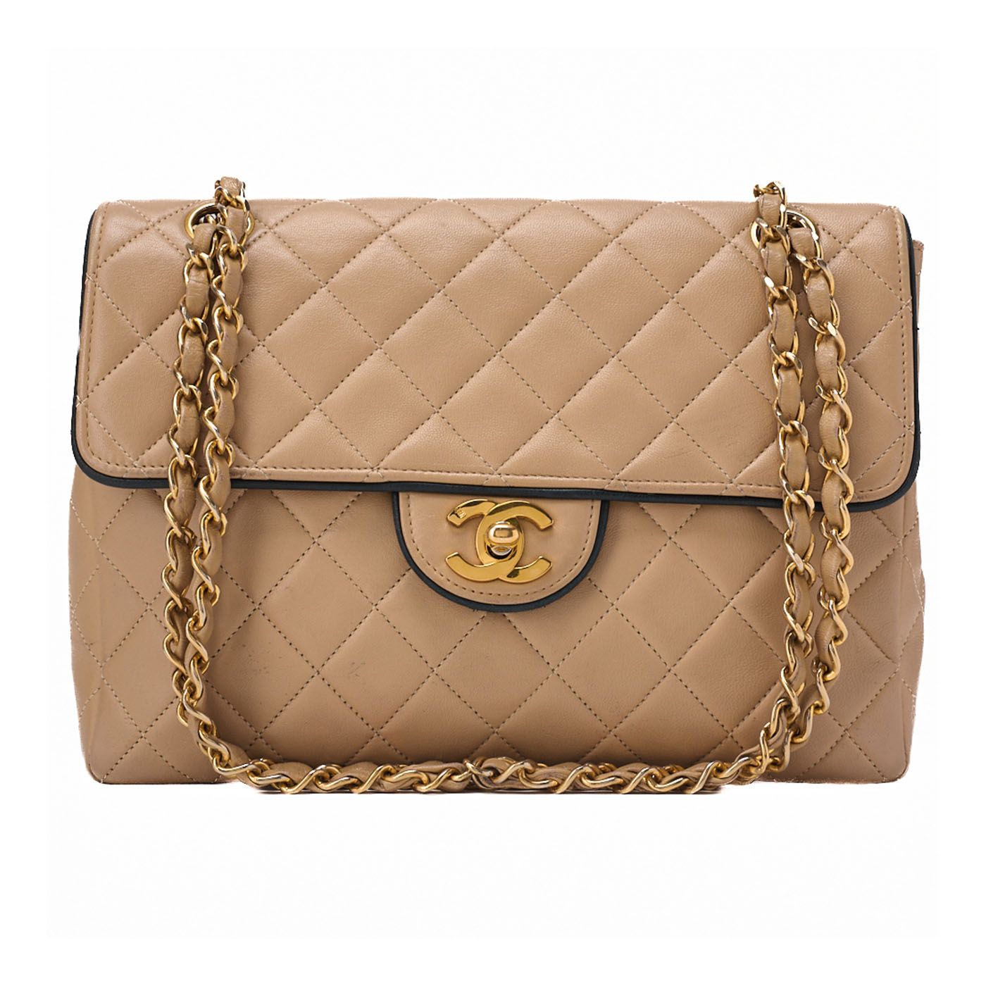 CHANEL シャネル チェーンショルダーバッグ マトラッセ バイ ラムスキン ベージュ×黒 ゴールド金具 レディース