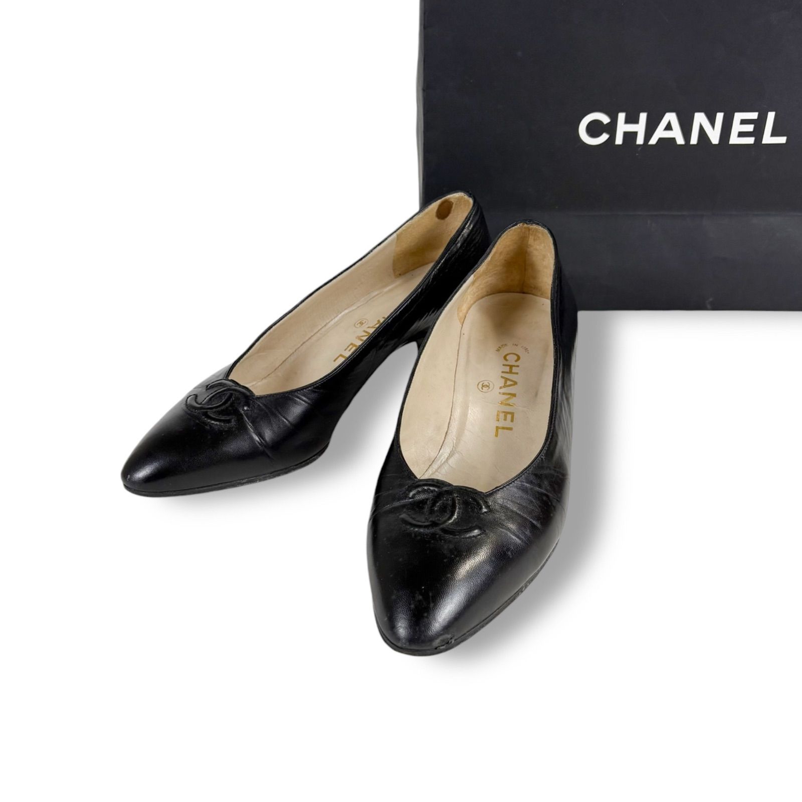 シャネル CHANEL ココマーク ローヒール パンプス ブラック 黒 36