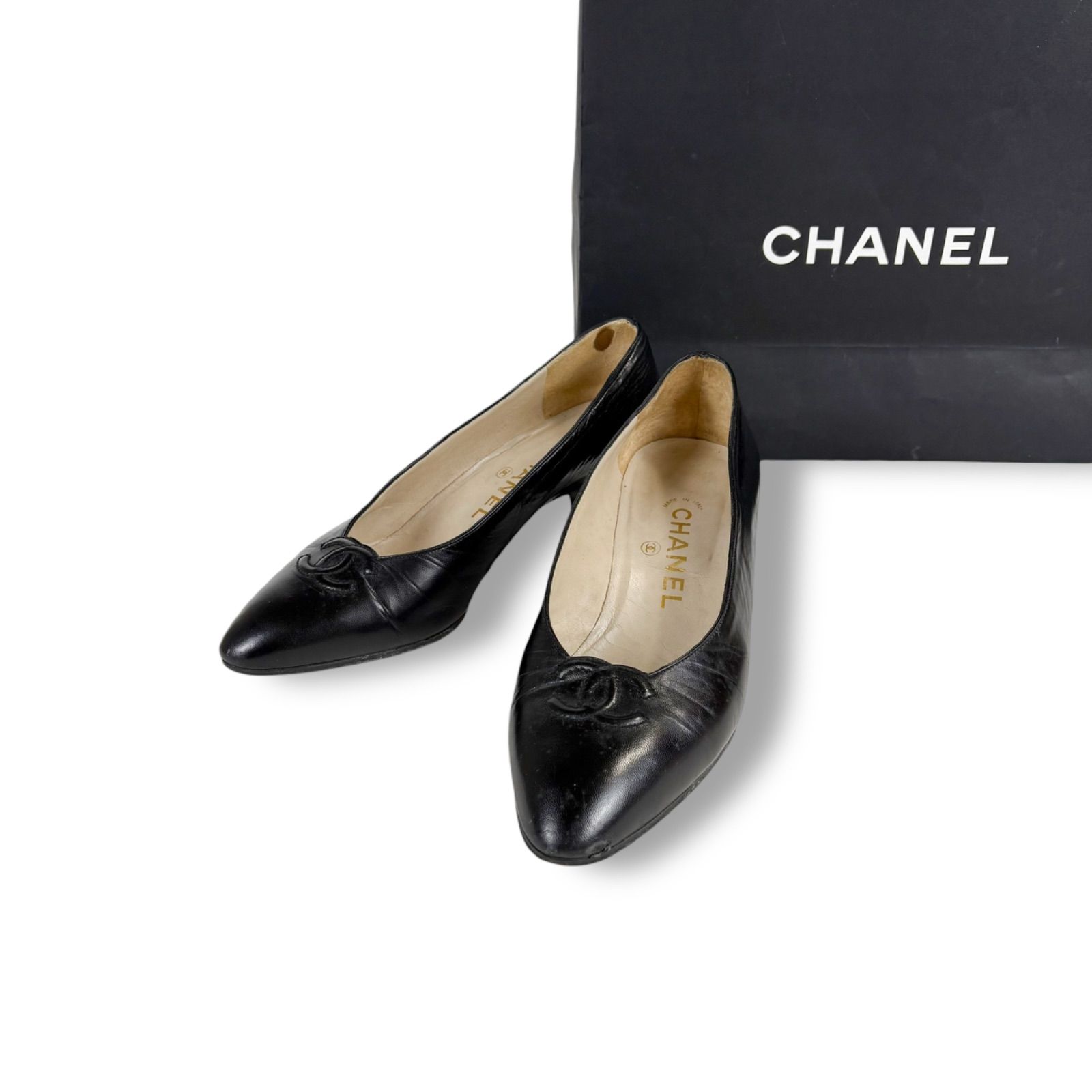 美品　CHANEL ブラック ヒールパンプス　ココマーク　レザー　23.5㎝ シャネル オープントゥパンプス サテン ココマーク レディース SIZE 36