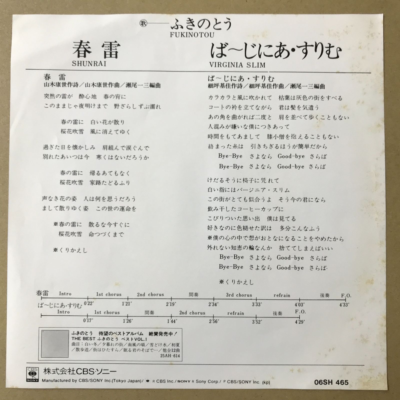 EPレコード ふきのとう [ 山木康世 細坪基佳 ] 春雷 / ば～じにあ