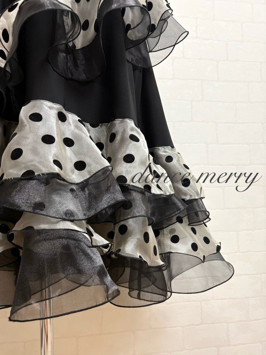 新品　豪華　社交ダンス　スカート　ベージュ　黒　水玉　パーティ　タンゴ　7322 新品 豪華 社交ダンス スカート ベージュ 黒 水玉 パーティ タンゴ