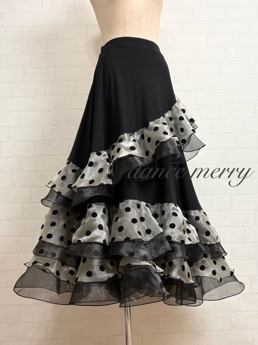 新品　豪華　社交ダンス　スカート　ベージュ　黒　水玉　パーティ　タンゴ　7322 新品 豪華 社交ダンス スカート ベージュ 黒 水玉 パーティ タンゴ