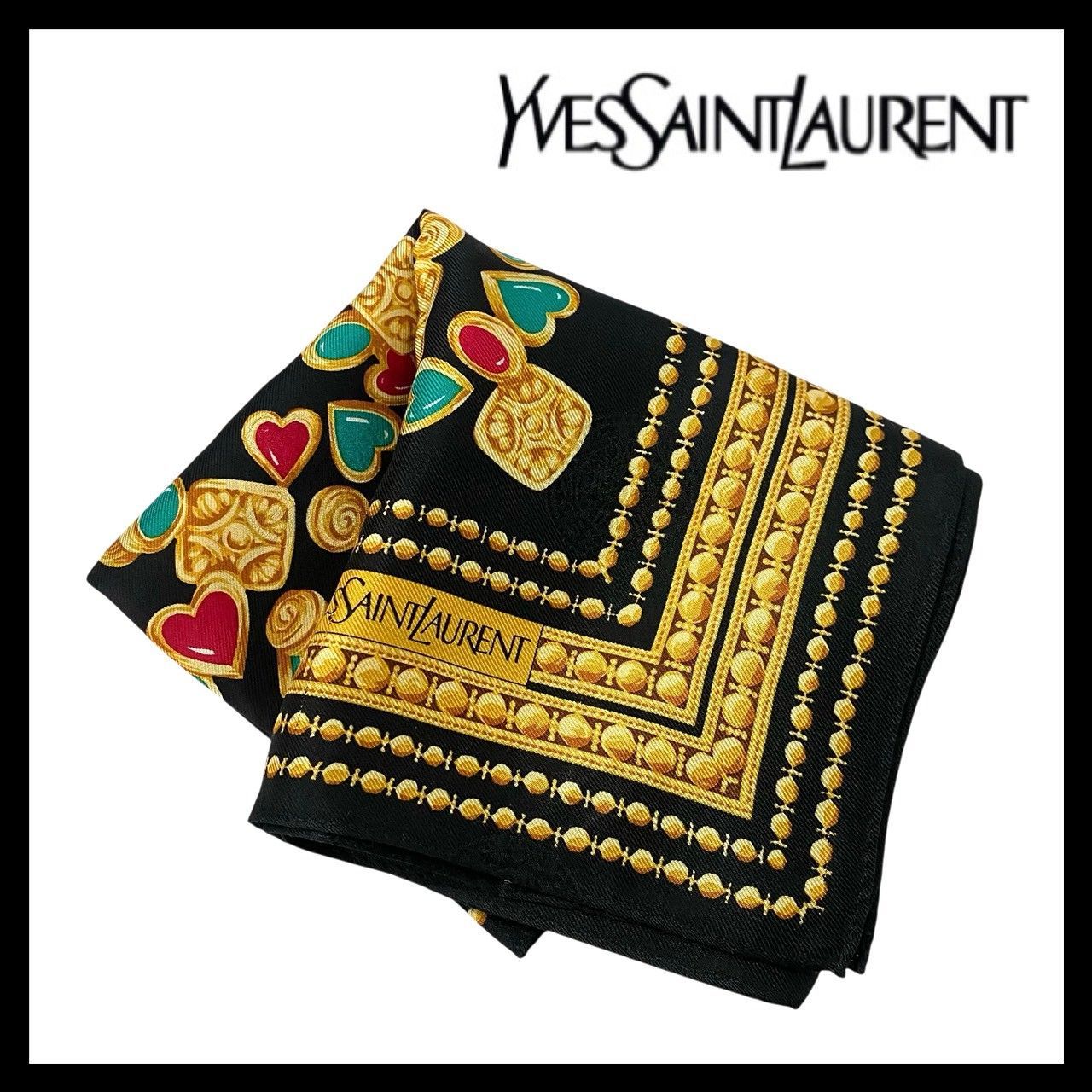 FU【YVES SAINT LAURENT】スカーフ SILK/シルク 絹 100% ブラック/黒