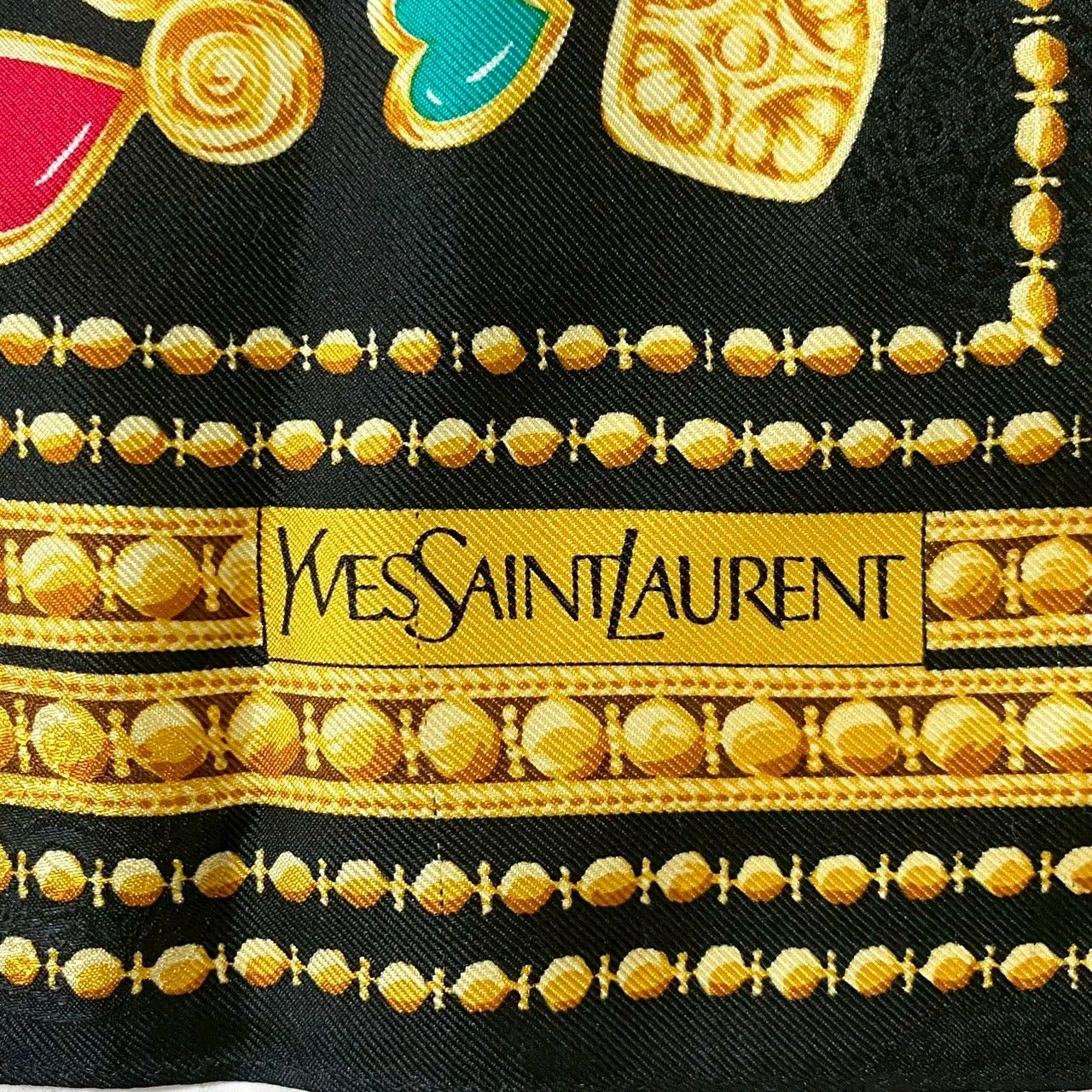 FU【YVES SAINT LAURENT】スカーフ SILK/シルク 絹 100% ブラック/黒
