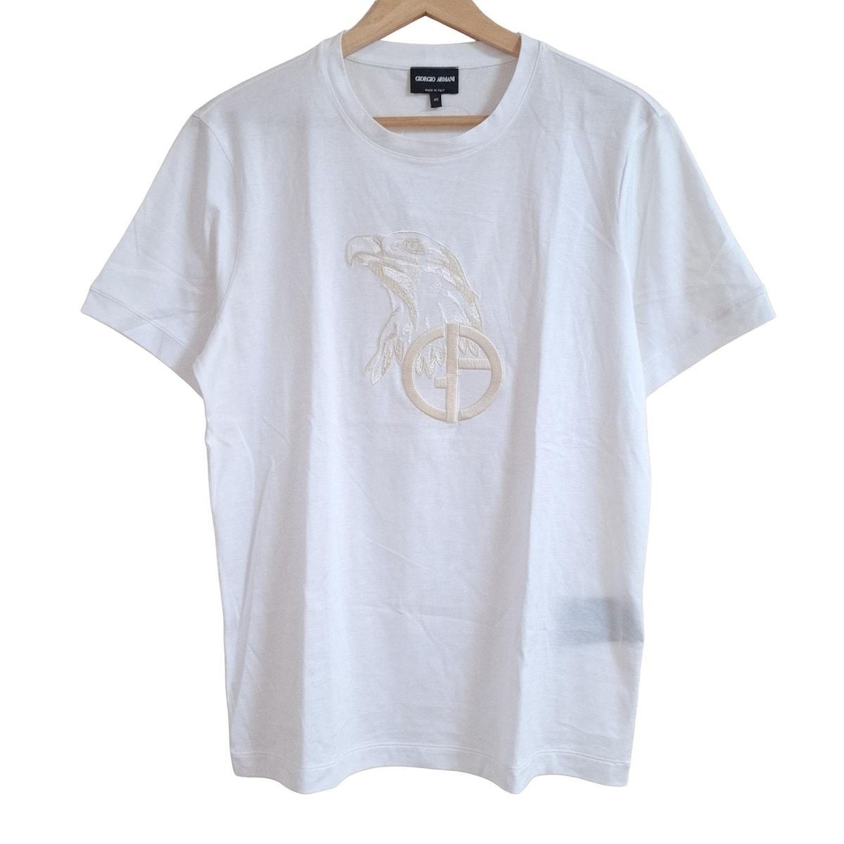 ジョルジオアルマーニ 半袖Tシャツ サイズ48 XL レディース 白 アイボリー クルーネック 刺繍 鳥