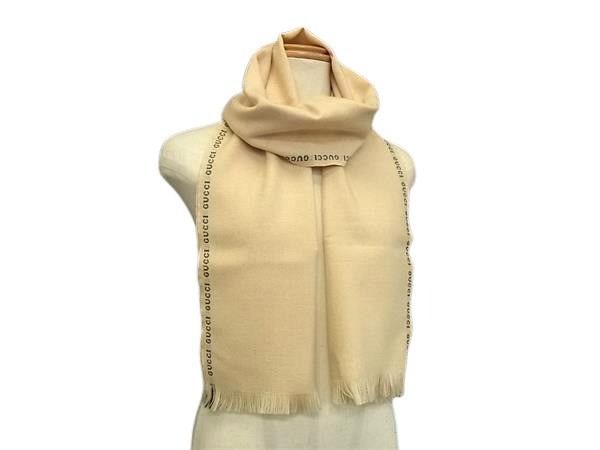 GUCCI グッチ マフラー ベージュ ブラック ウール100％ レディース ロゴ フリンジ