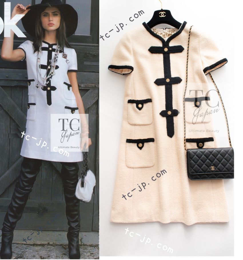 シャネル ワンピース CHANEL クリーム ブラック トリム ココボタン
