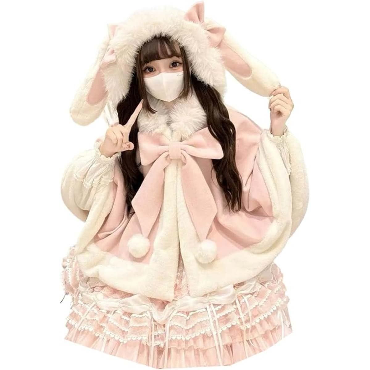 コート レディース フード付き ケープ 厚手 裹起毛 リボン 大きいサイズ かわいい ふわふわ もこもこ エレガント コスプレ Lo
