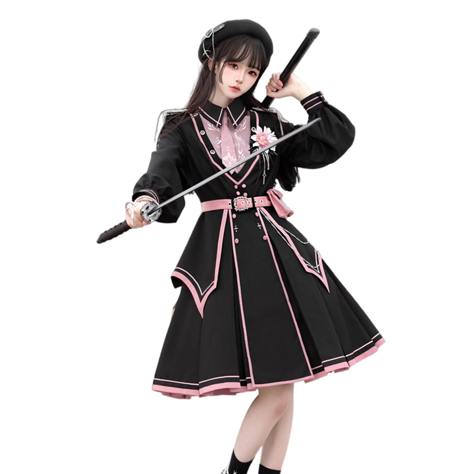 ロリィタ服 ワンピース 軍服 ミリタリースカート 黒 ピンク ゴシック風 ベルト ネクタイ 学園風 超 制服 仮装 アニメ