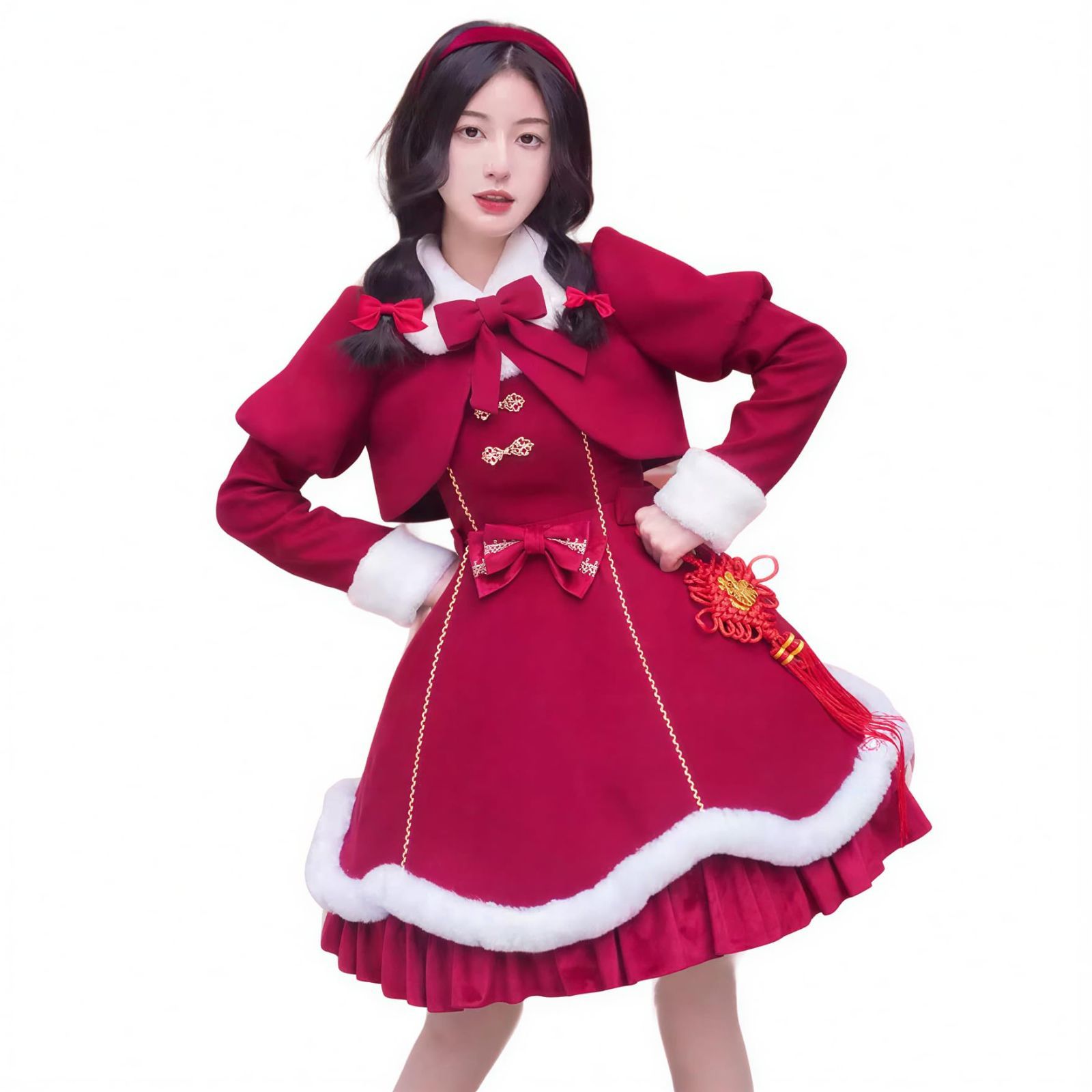 萌え サンタ コスプレ ロリータ レディース jsk サンタワンピース 3点セット Lolita 赤 ケープ キャミソール