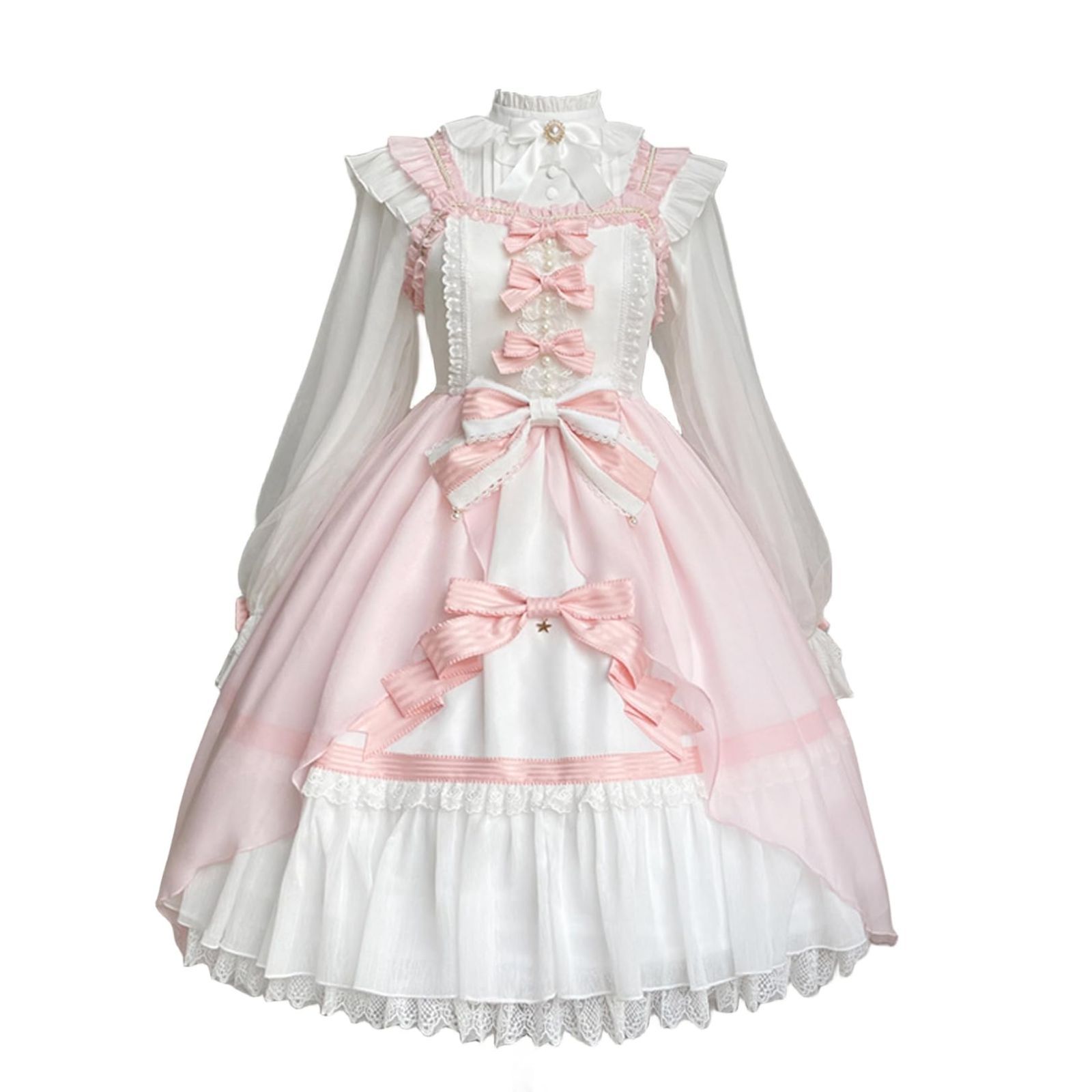 ロリータワンピース 大きいサイズ レディース リボン 長袖 透け感 中世紀 宮殿風 洋服 超 蝶結び パール フリルレース