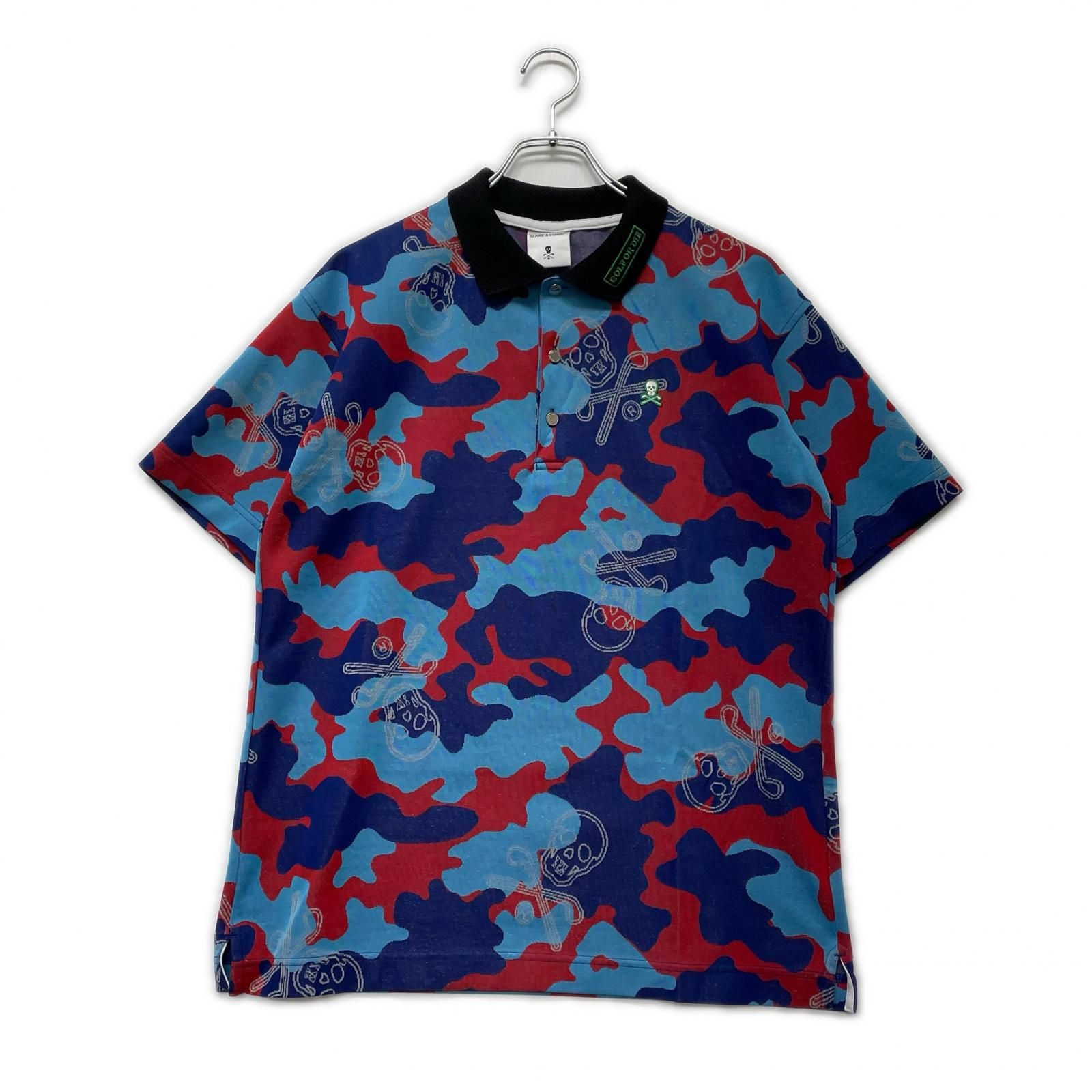 メンズ マークアンドロナ MARK LONA 半袖ポロシャツ 48 L 赤 青 水色 マルチ カモフラ スカル 総柄