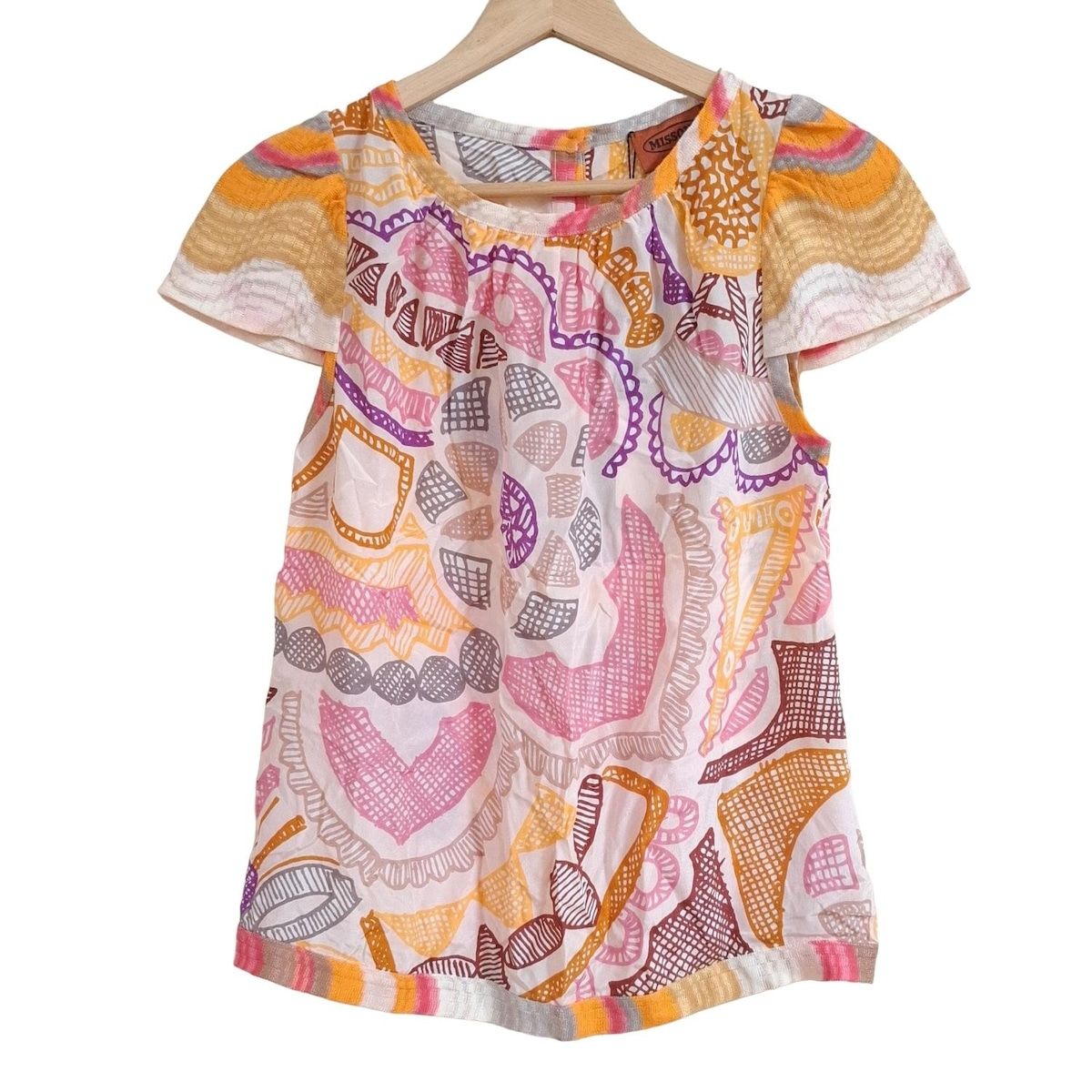 MISSONI ミッソーニ 半袖カットソー サイズ40 M レディース - ライトピンク×パープル×マルチ クルーネック シルク 部分ニット