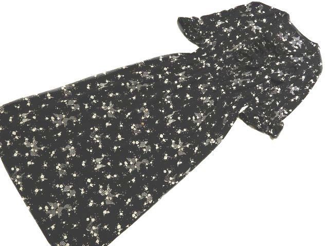 C 38 インゲボルグ レディース 五分袖 ワンピース ブラック リボン フリル デザイン レース フラワー プリント 7 K