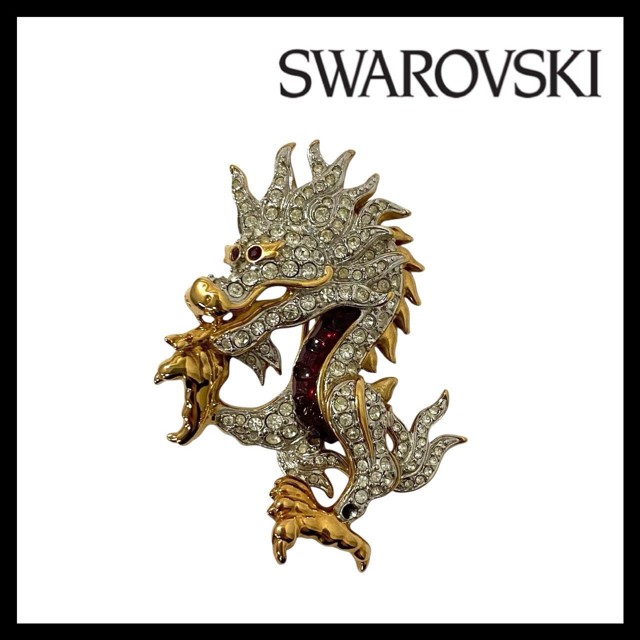 M【SWAROVSKI】ドラゴン ブローチ ゴールド/金カラー クリスタル